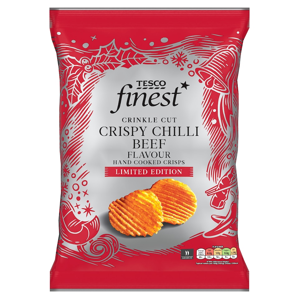 Tesco Finest Limited edition crinkle cut Crispy Chilli Beef Flavour Crisps 150g