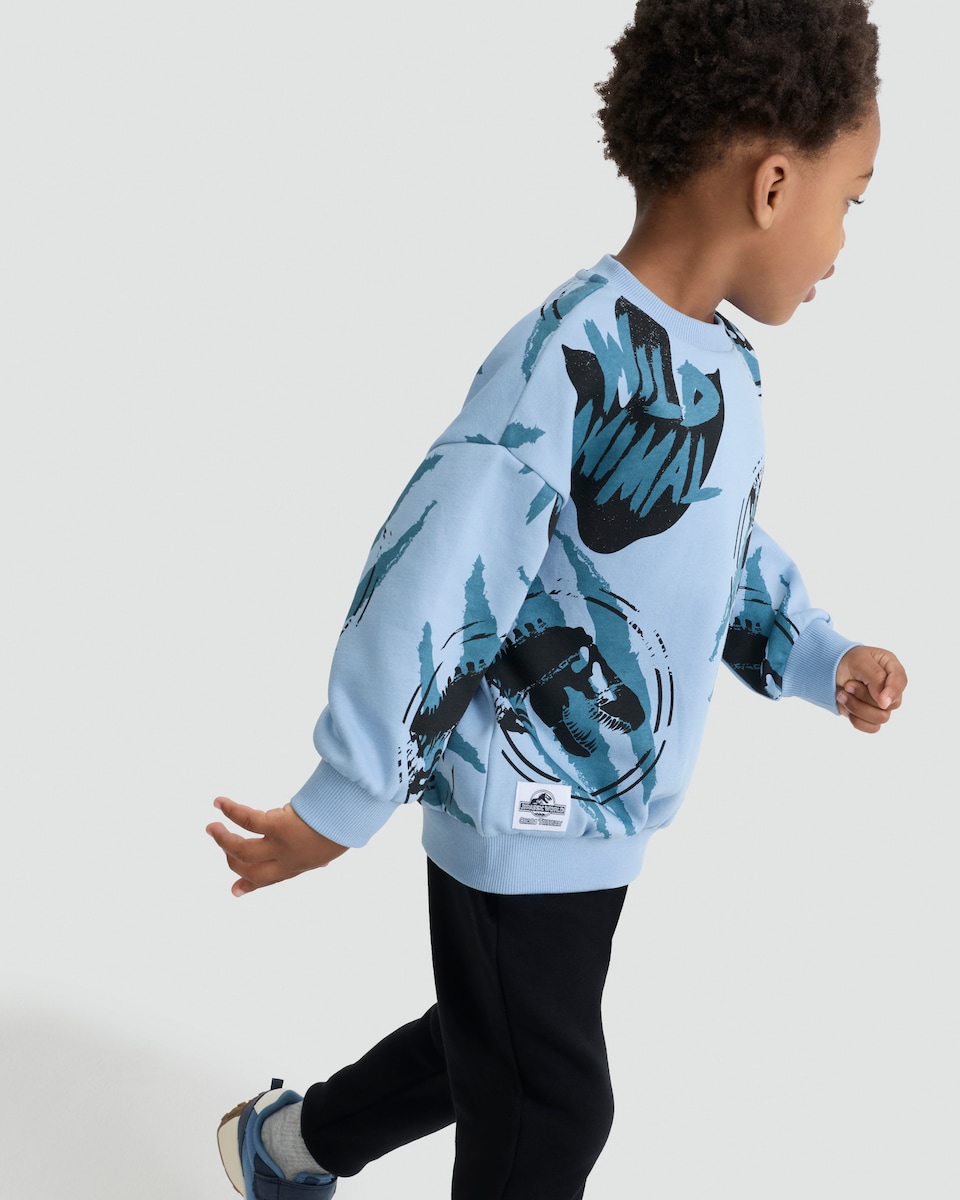 image 1 of Jurassic World Wild Animal Slogan Cotton Rich Sweatshirt in Blue