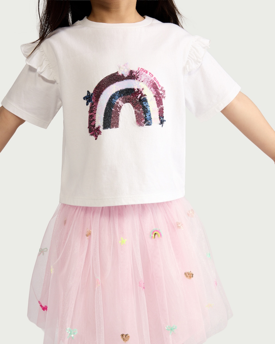 image 1 of F&F Girls 2-Piece Sequin Rainbow T-Shirt and Tulle Skirt Set in Pink