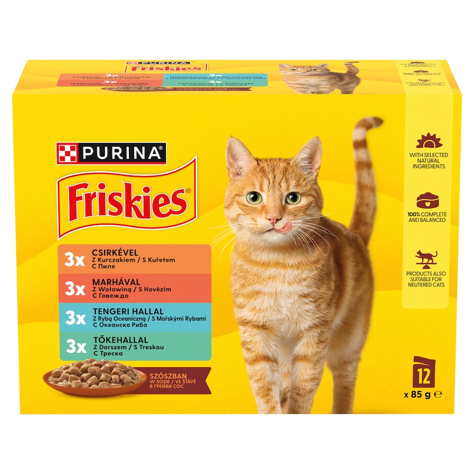 Purina Friskies szószban marhával/csirkével/tengeri hallal/tőkehallal nedves macskaeledel 12 x 85 g