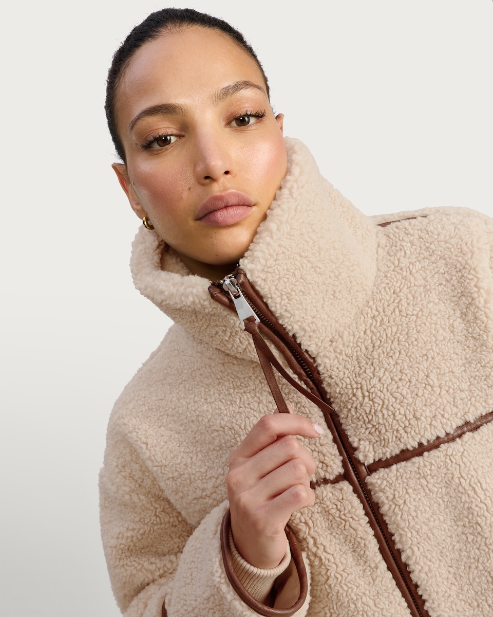 image 1 of F&F Borg Funnel Neck Zip Through Jacket in Neutral