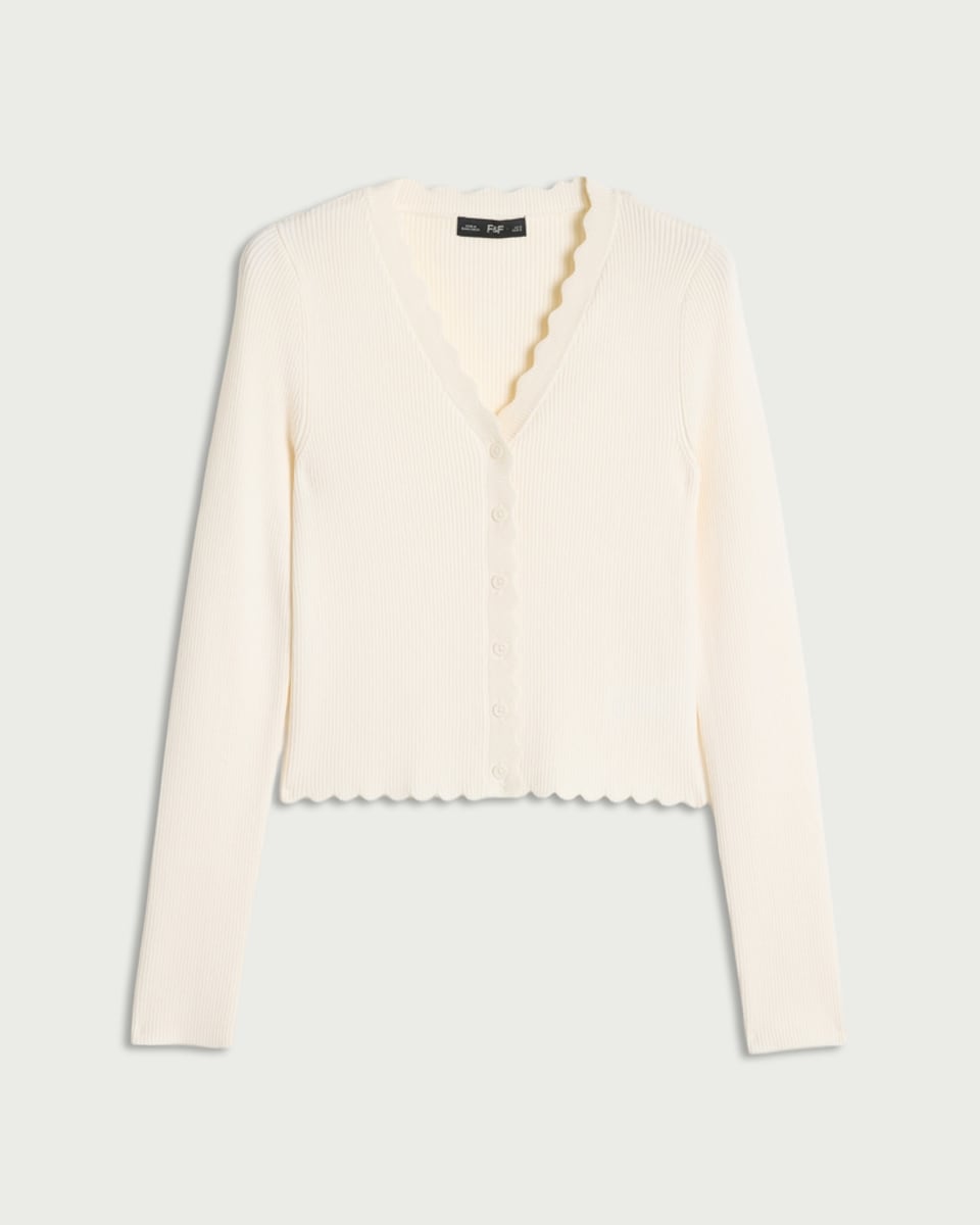 image 1 of F&F Ribbed Scalloped Edge Button Up Cardigan in White