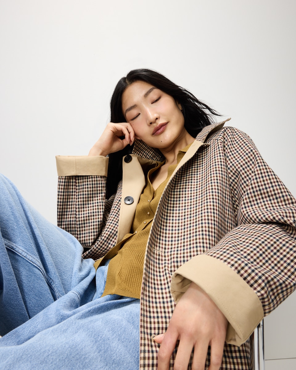 image 1 of F&F Check Reversible Trench Coat in Multi Brown