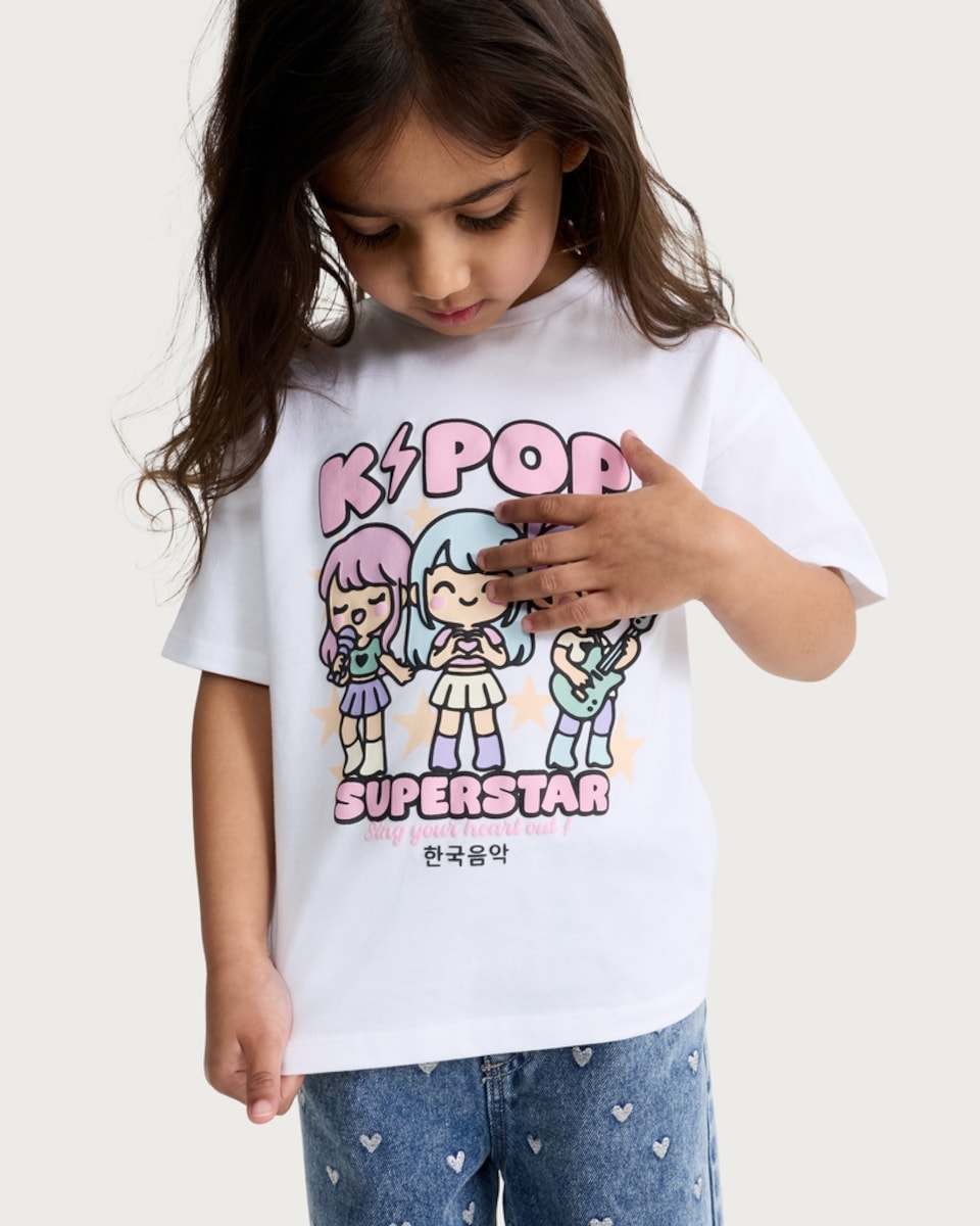 image 1 of F&F Girls Pure Cotton K-Pop Superstar T-Shirt in Cream