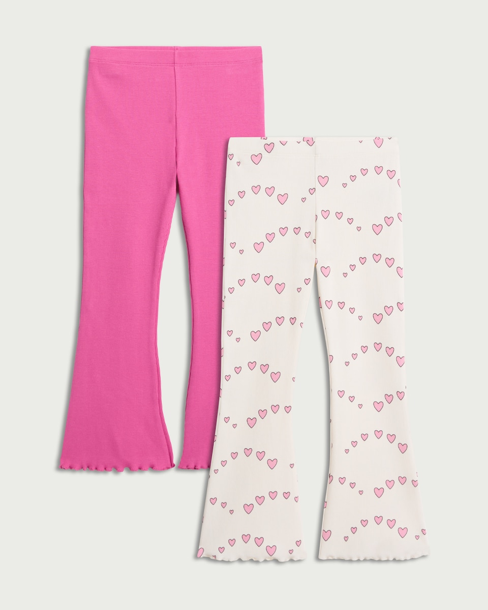 image 1 of F&F Girls 2-Pack Cotton Rich Heart Print Flared Leggings in Multi Pink