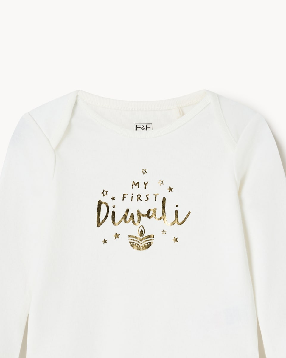 image 1 of F&F Baby Pure Cotton Diwali Long-Sleeved Bodysuit in White