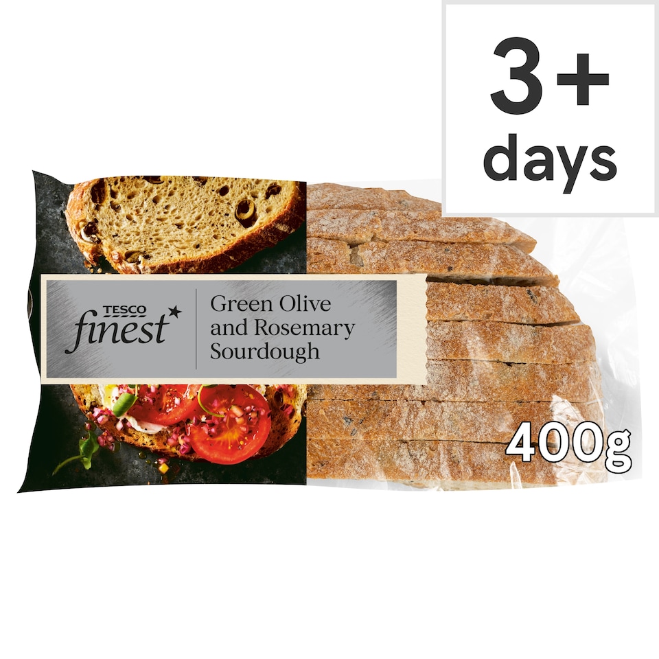 Tesco Finest Sliced Green Olive & Rosemary Sourdough Bread 400g
