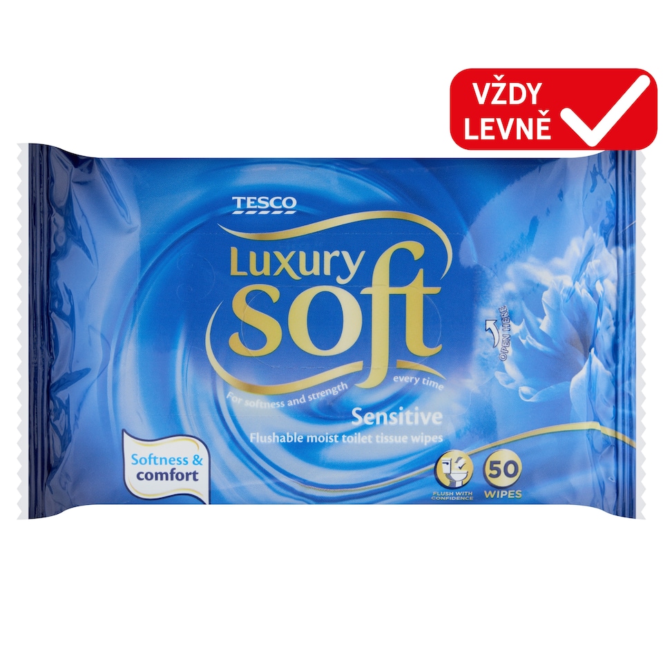 Tesco Soft Luxury Sensitive vlhčený toaletní papír pro citlivou pokožku 50 ks
