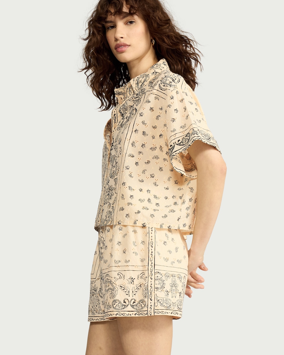 image 1 of F&F Pure Cotton Scarf Print Co-ord Shorts in Cream