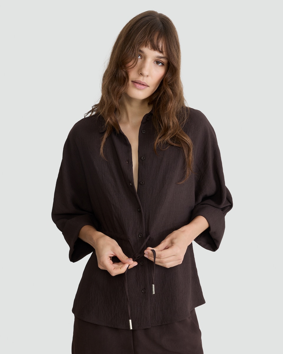 image 1 of F&F Drawstring Waist Wide Sleeved Shirt in Brown