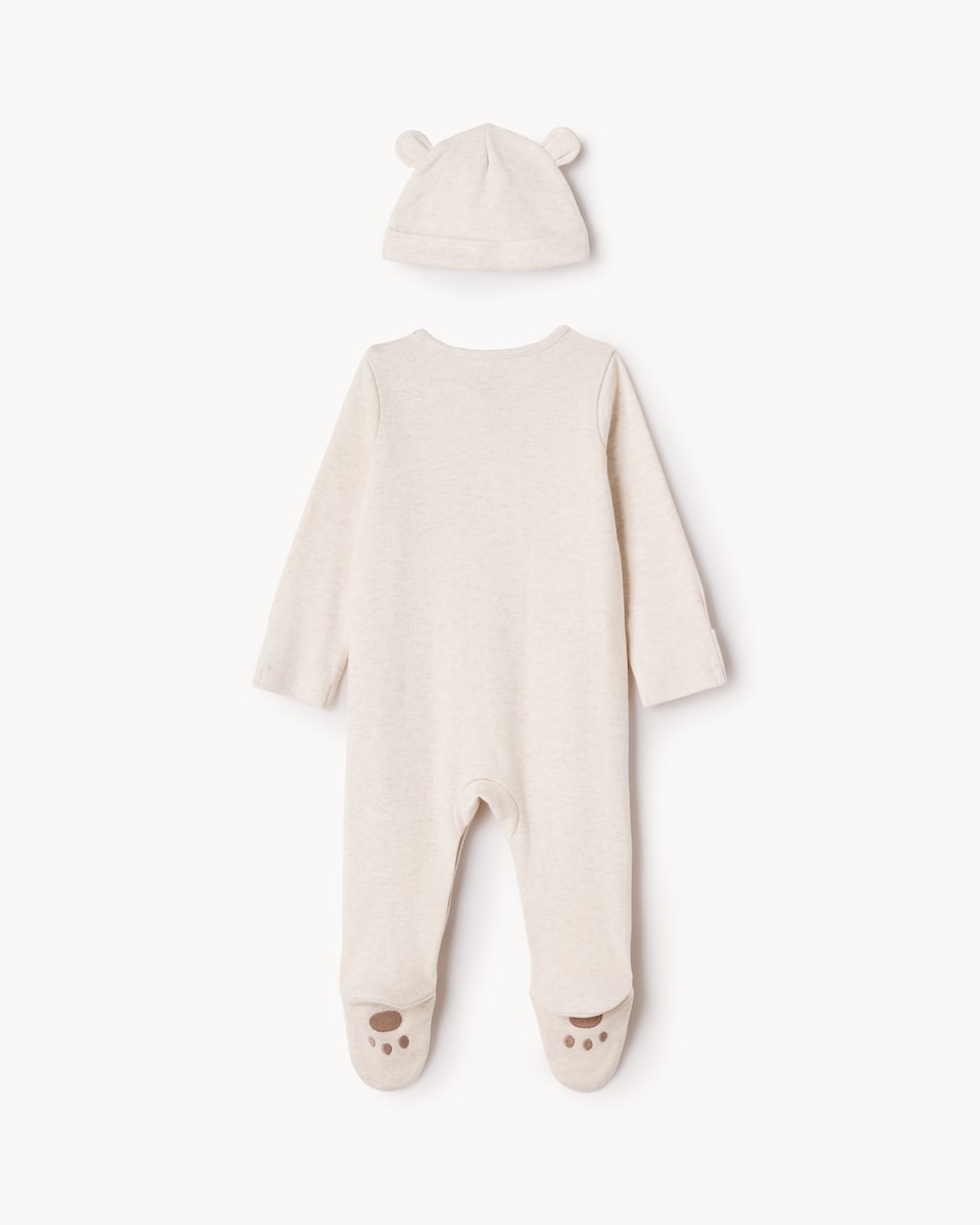 image 1 of F&F Baby 2-Piece Cotton Rich Bear Embroidered Sleepsuit and Hat Set in Neutral