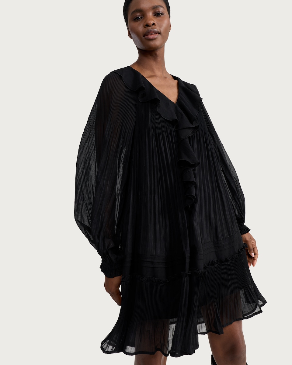 image 1 of F&F Chiffon Ruffled Pleated Mini Dress in Black