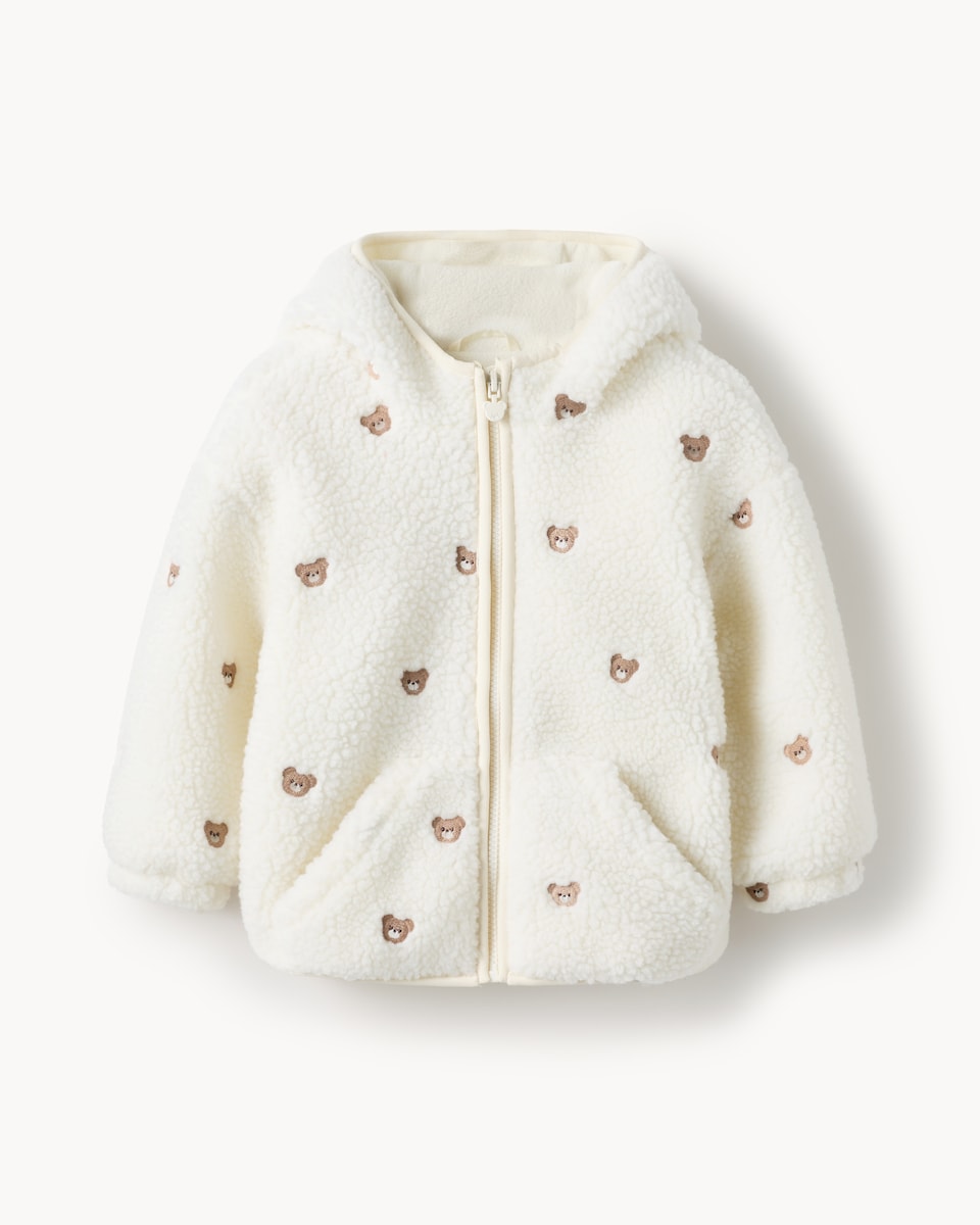 image 1 of F&F Girls Borg Bear Embroidered Hooded Jacket in Cream