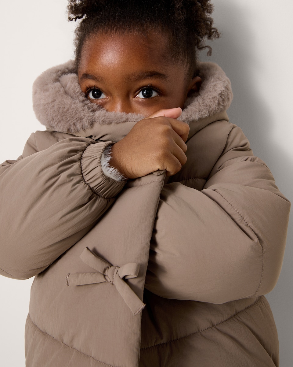 image 1 of F&F Girls Faux Fur Lined Puffer Jacket in Brown