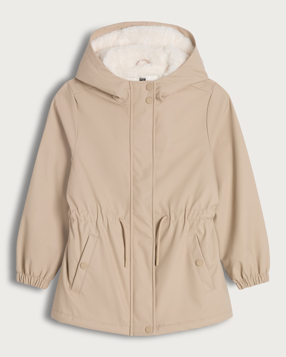 image 1 of F&F Girls Rubber Hooded Zip Through Parka in Cream