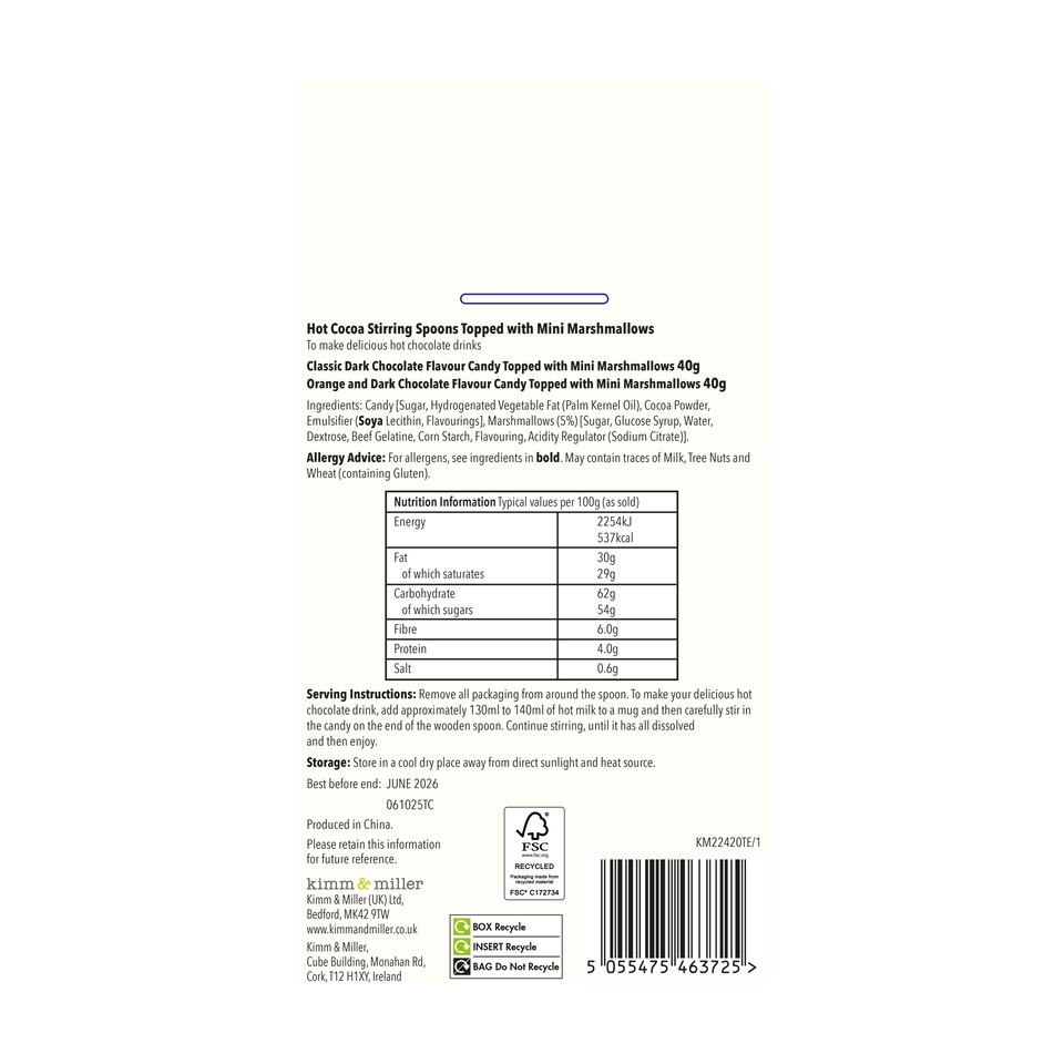 image 1 of KIMM & MILLER HOT COCOA STIRRERS 2 x 40G
