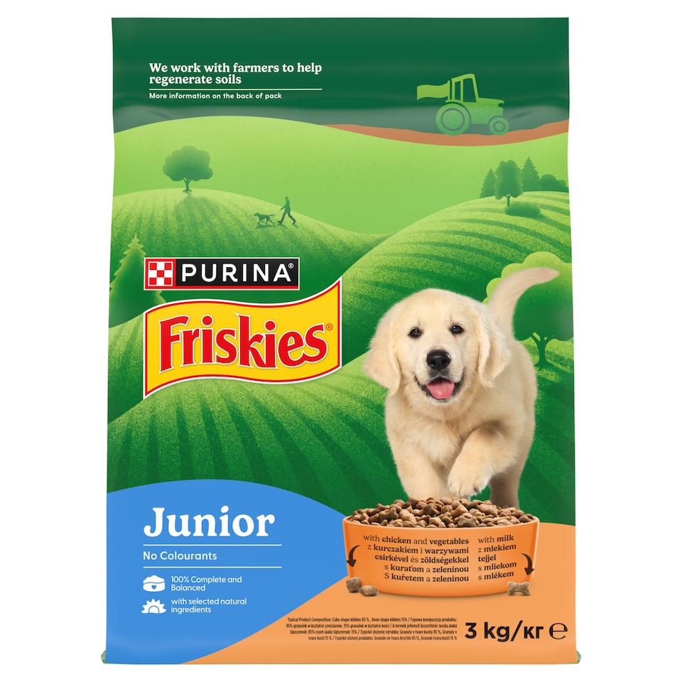 Purina Friskies Junior csirkével, zöldségekkel és tejjel száraz kutyaeledel 3 kg