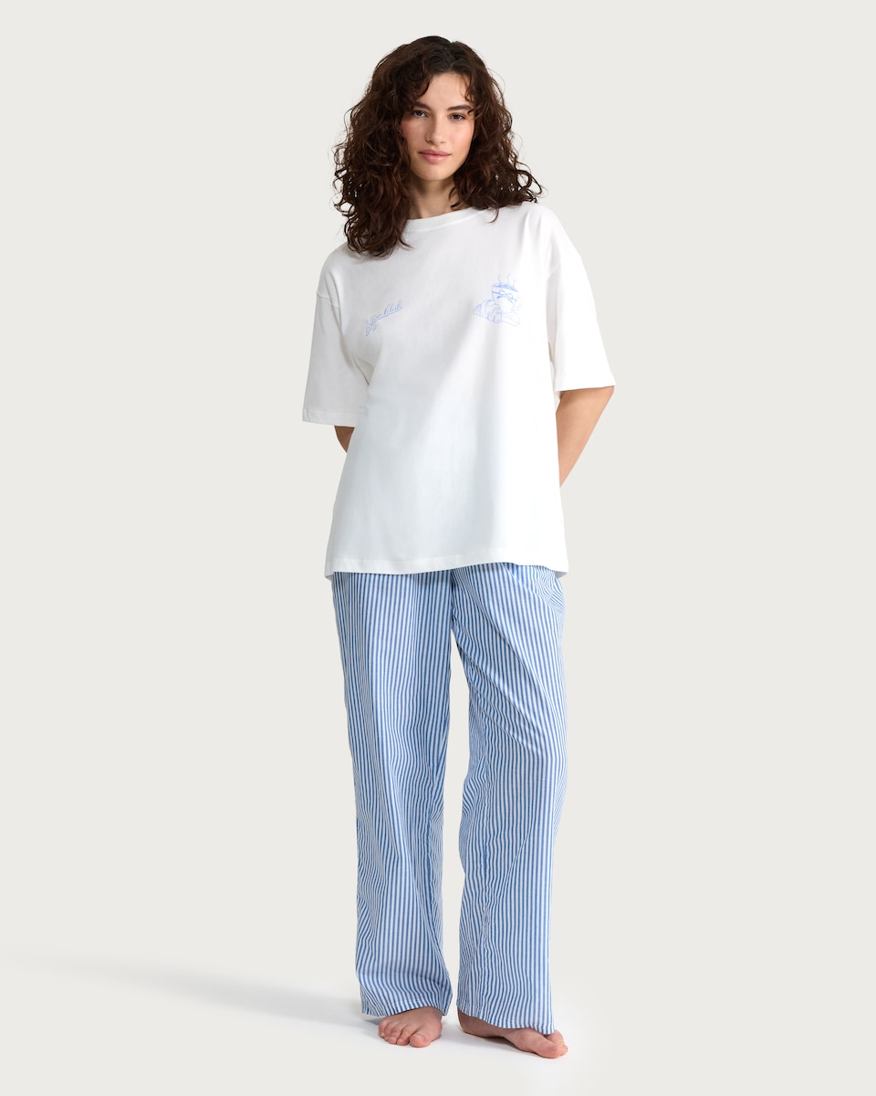 image 1 of F&F Pure Cotton Coffee Club Pyjama Set in Multi Blue