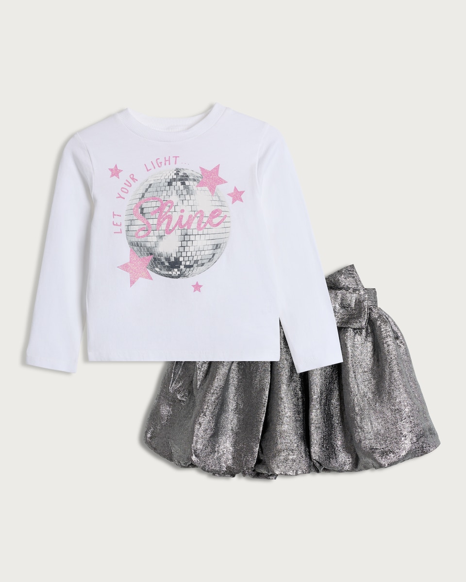 F&F Girls 2-Piece Long Sleeved Top and Metallic Skirt Set in Multi White