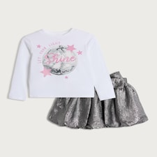 F&F Girls 2-Piece Long Sleeved Top and Metallic Skirt Set in Multi White
