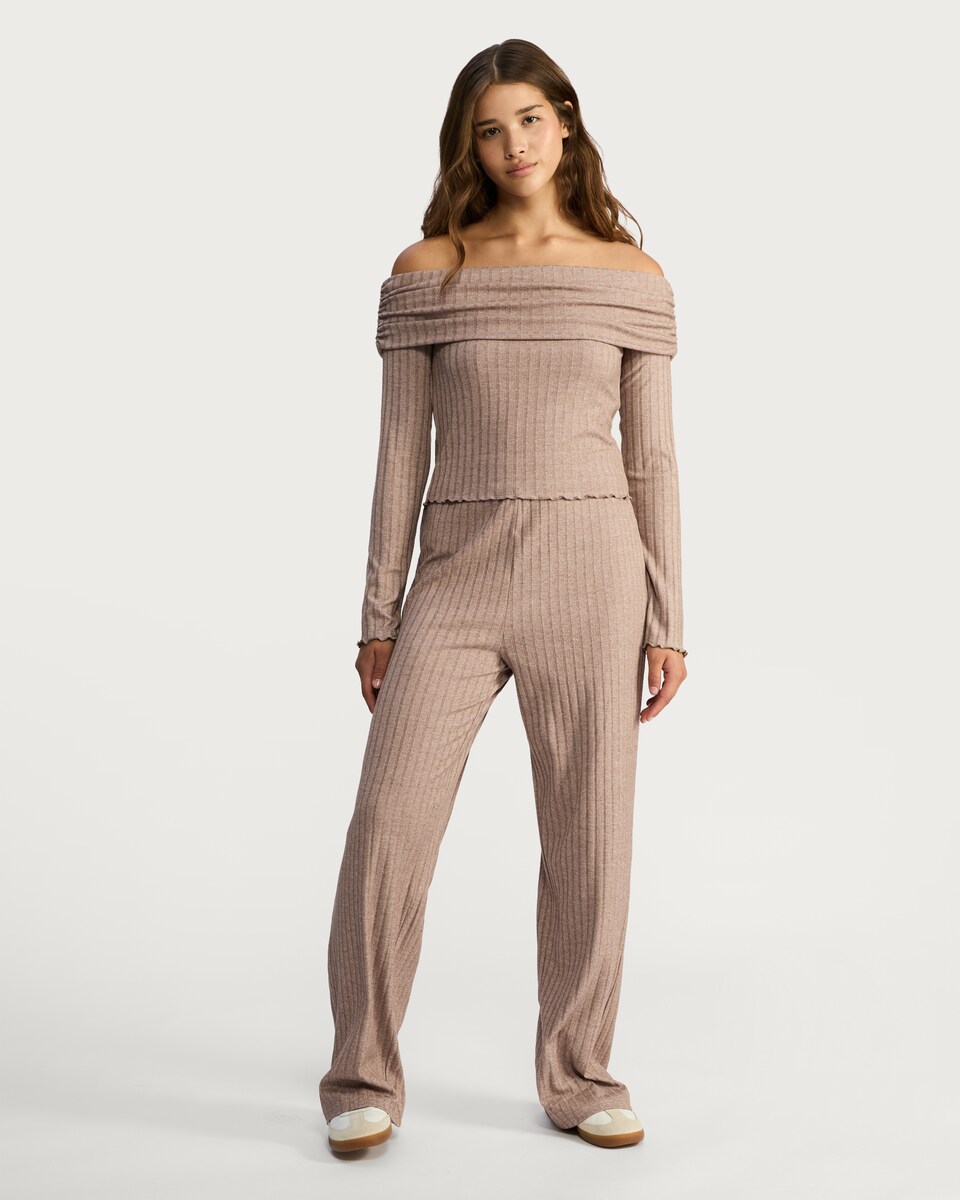 image 1 of OH ME OH MY Off Shoulder Ribbed Co-ord Top in Neutral