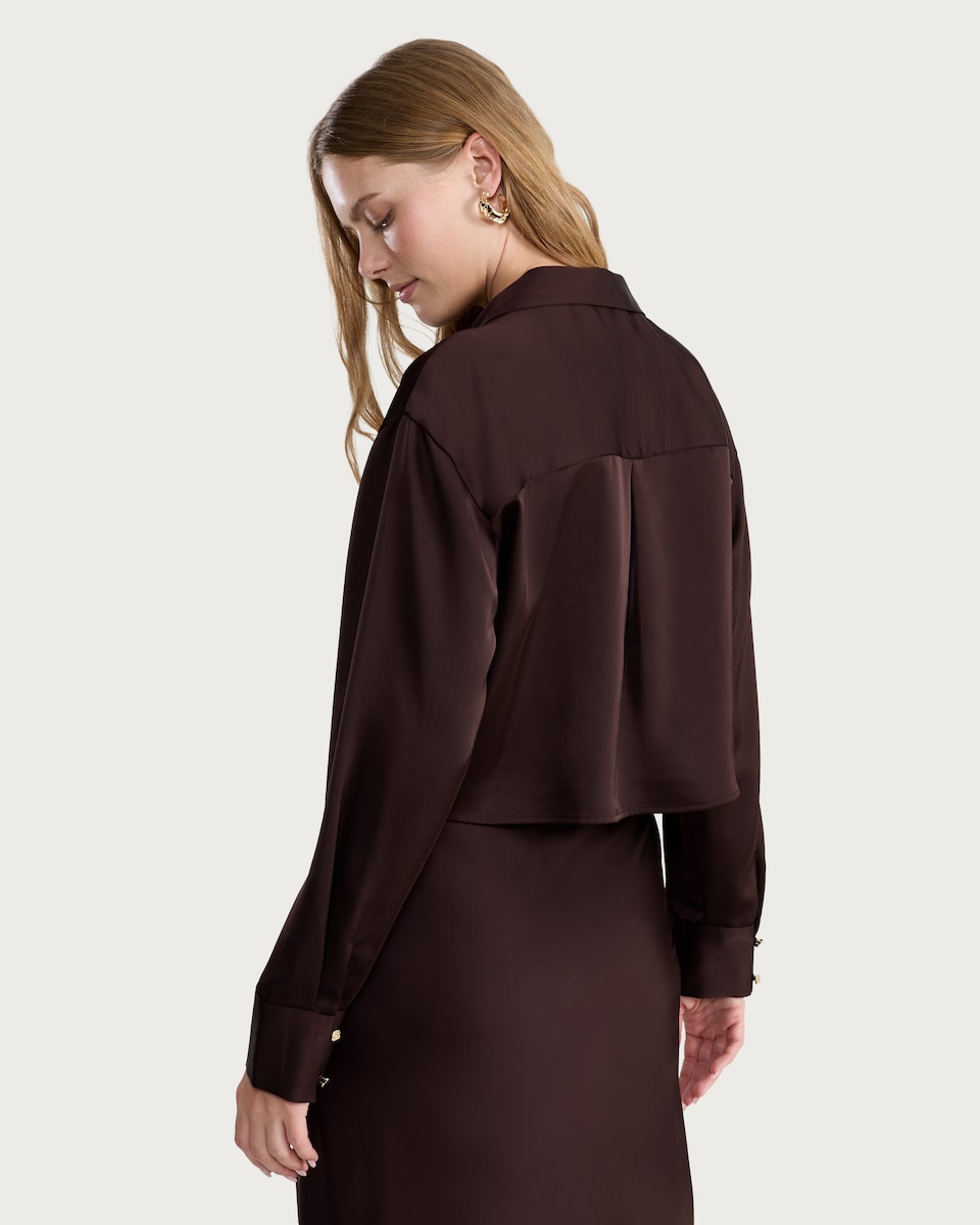 image 1 of F&F Satin Cropped Button Up Shirt in Brown