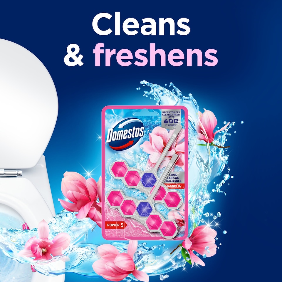 image 1 of Domestos Power 5 Rim Toilet Rim Block Fresheners Pink Magnolia 2x 50g