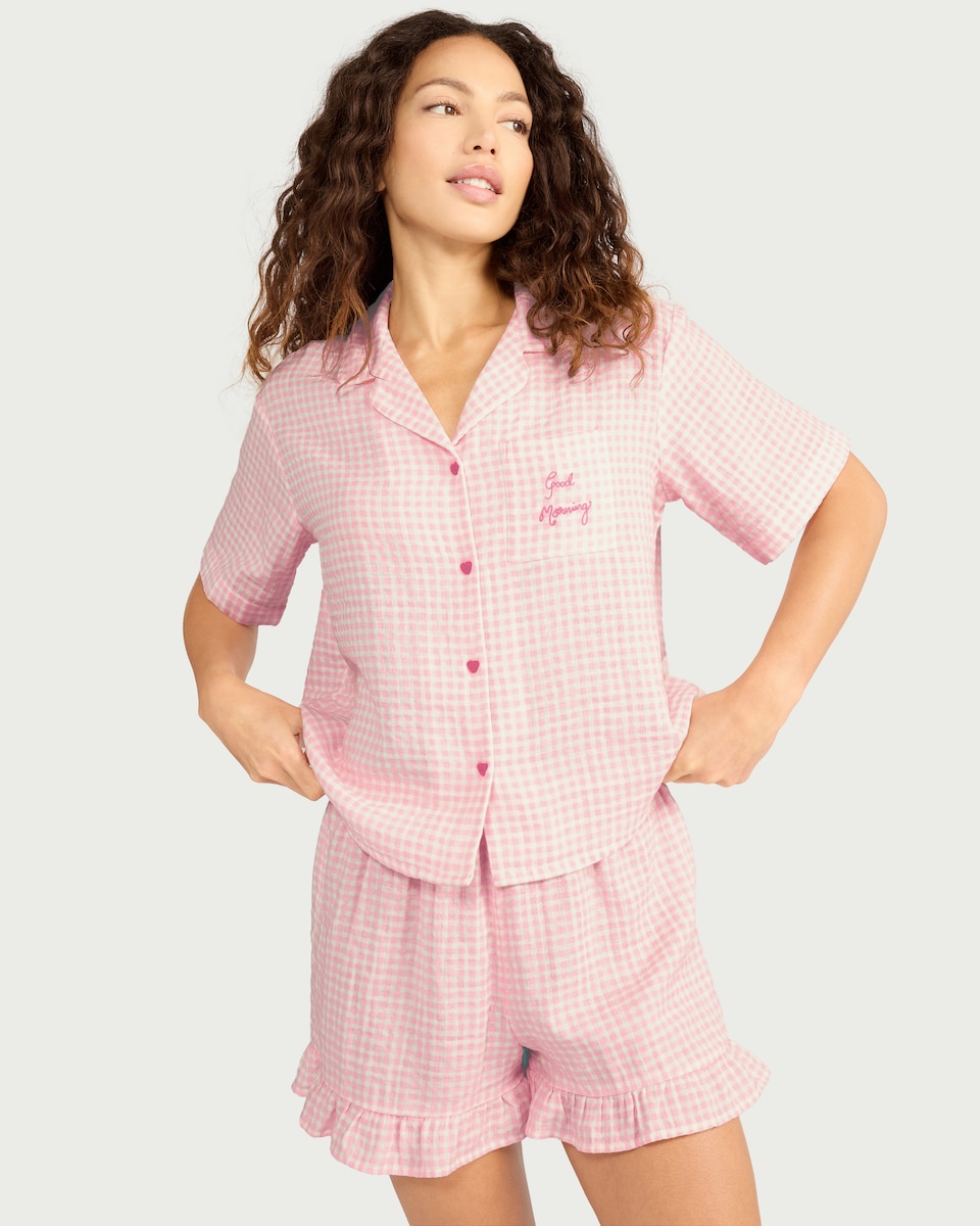 image 1 of F&F Pure Cotton Gingham Short Pyjama Set in Multi Pink