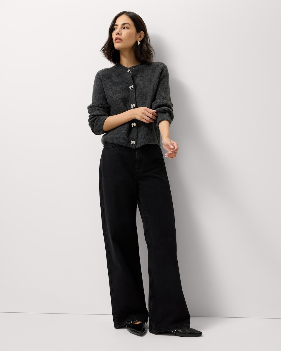 image 1 of F&F Ribbed Diamanté Bow Button Cardigan in Grey