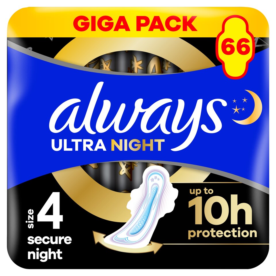 Obrázek 1 pro produkt Always, Ultra Secure Night (Velikost 4) Hygienické Vložky, Křidélka x 66, Vložky