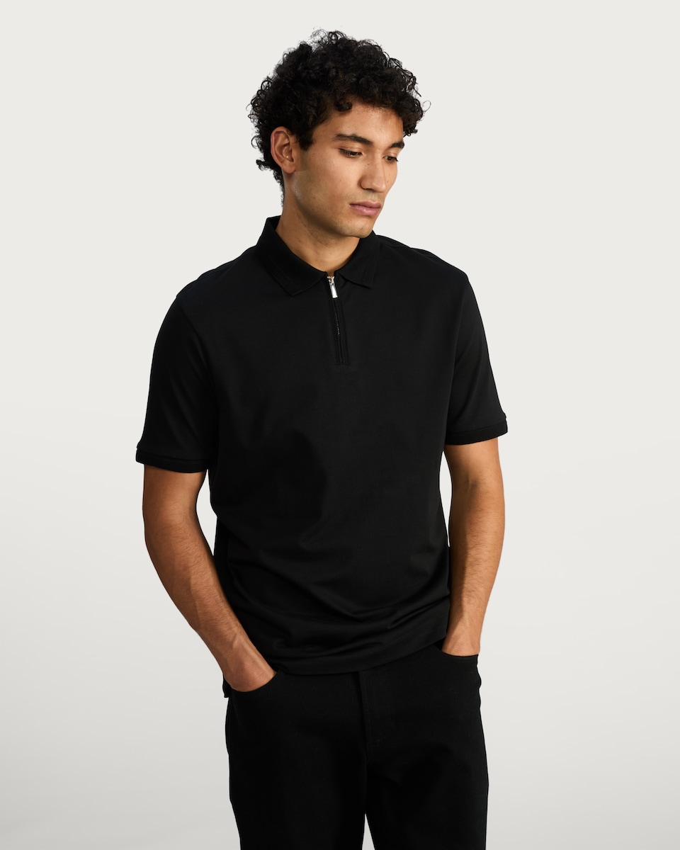 image 1 of The F&F Edit Supima® Cotton Zip Neck Polo Shirt in Black