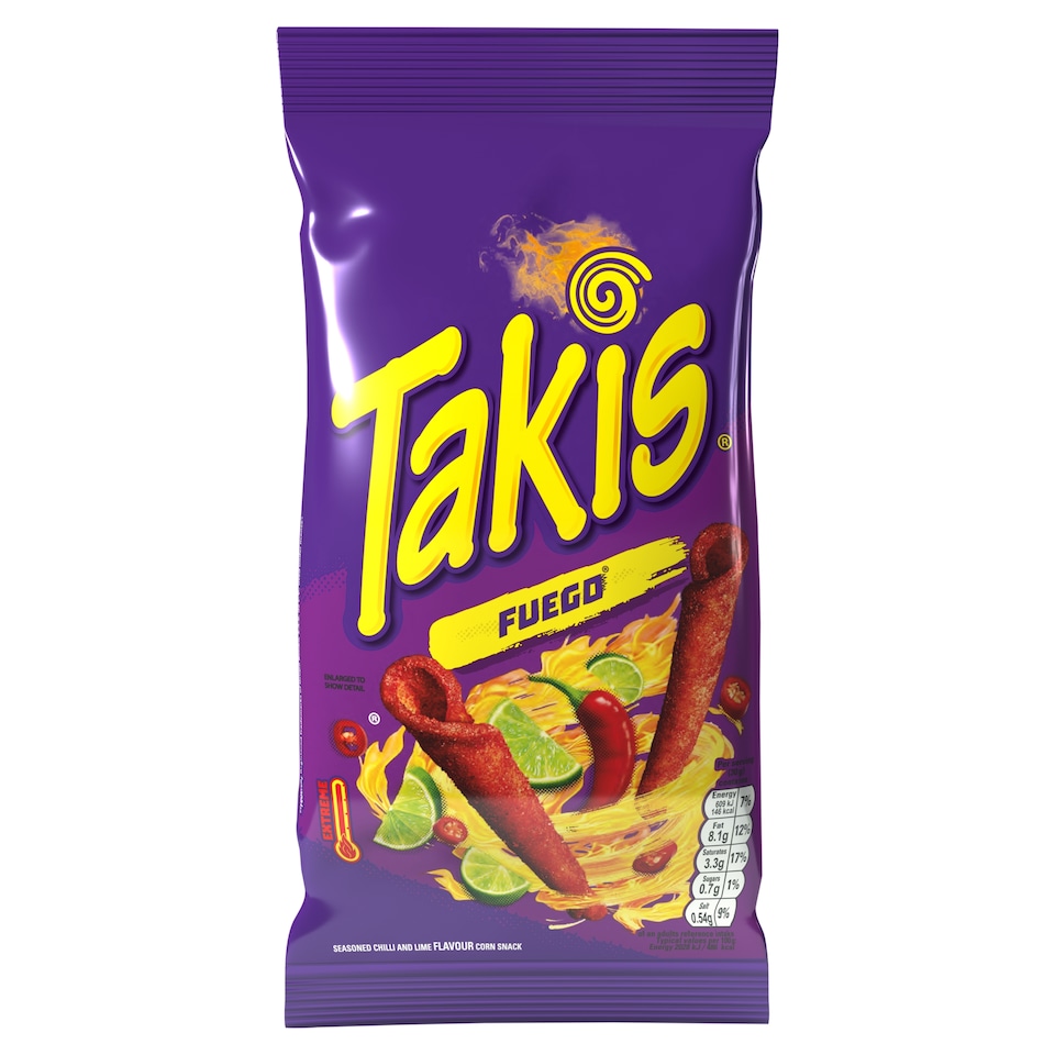 Takis Fuego Corn Snacks with Chilli & Lime Flavoured Seasoning 100g