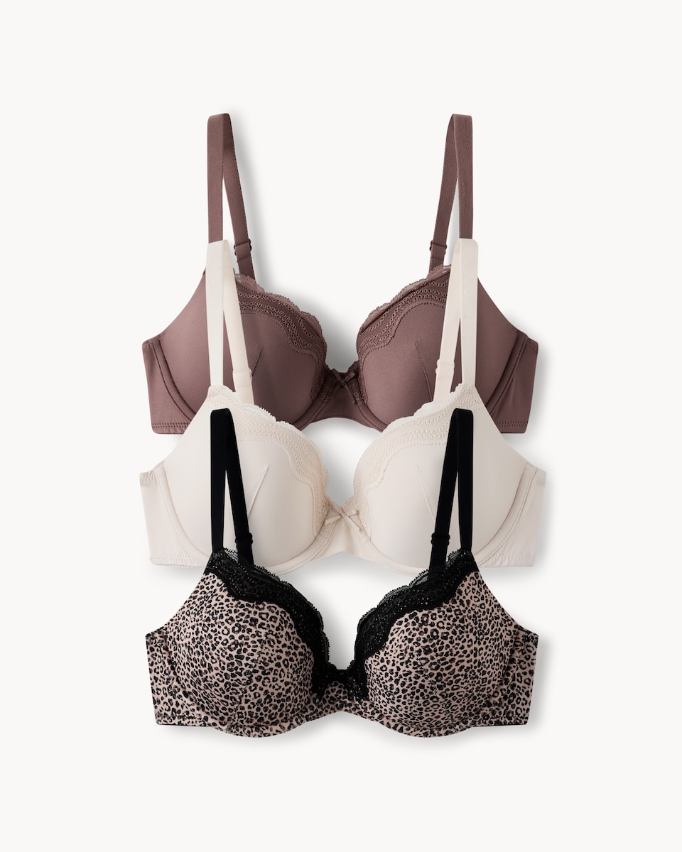 image 1 of F&F 3-Pack Leopard Print Lace Trim Wired T-Shirt Bras in Multi