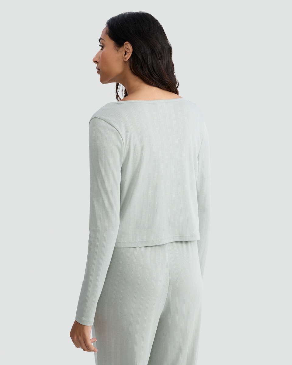 image 1 of Rise by Zara McDermott 2-Piece Pointelle Pyjama Cami and Cardigan Set  in Green