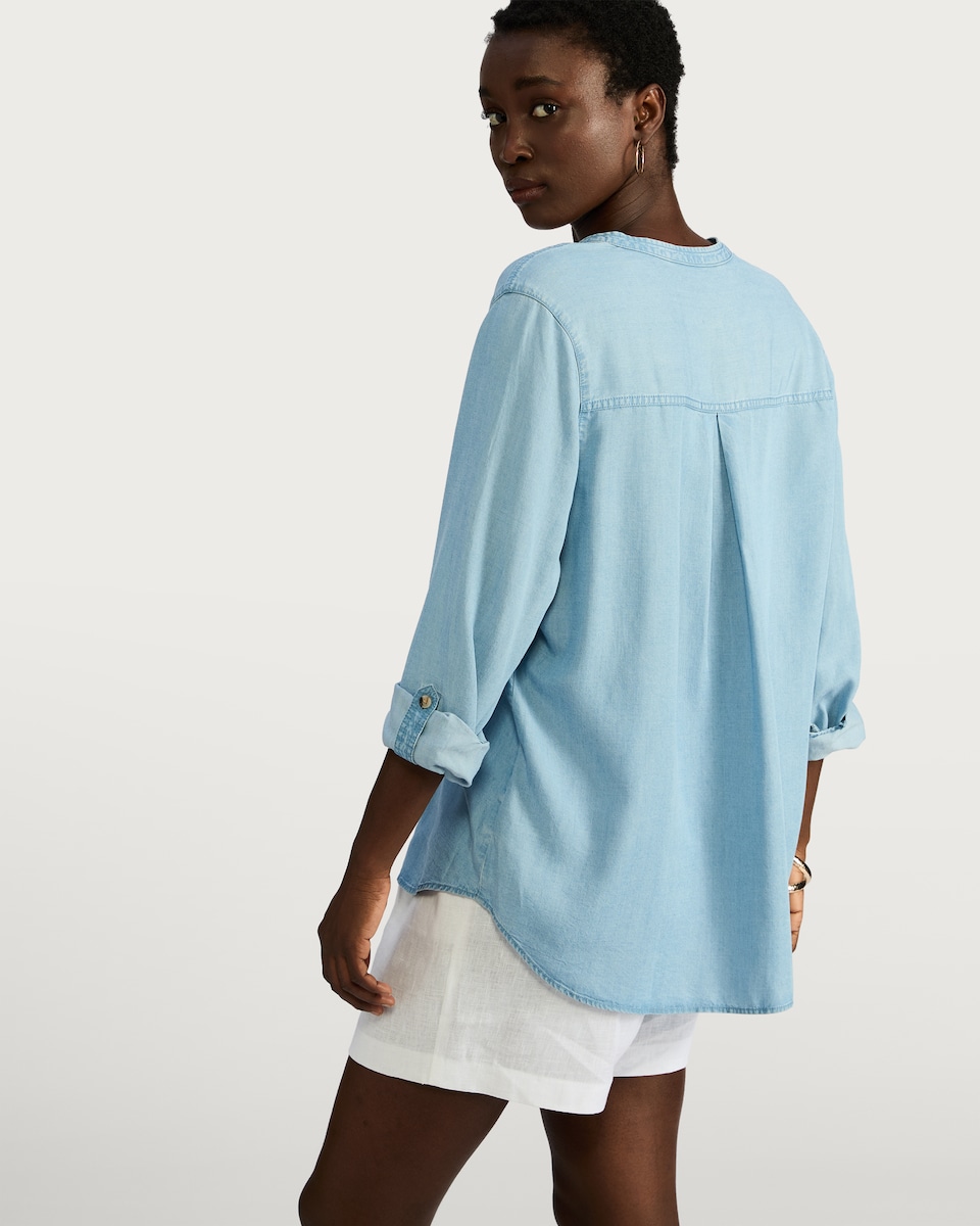 image 1 of F&F TENCEL™ Button Detail Roll Sleeved Blouse in Blue
