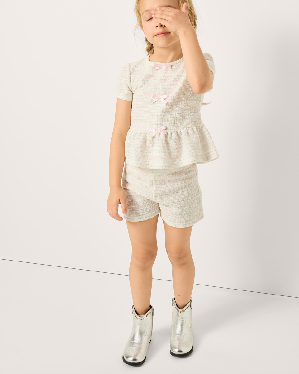 image 1 of F&F Girls 2-Piece Boucle Textured Top and Shorts Set in Cream