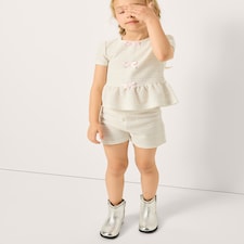 F&F Girls 2-Piece Boucle Textured Top and Shorts Set in Cream