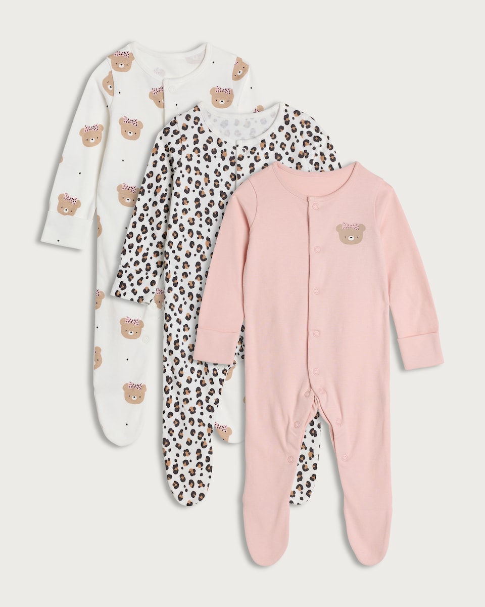 image 1 of F&F Baby 3-Pack Pure Cotton Bear and Leopard Print Sleepsuits in Pink