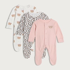F&F Baby 3-Pack Pure Cotton Bear and Leopard Print Sleepsuits in Pink