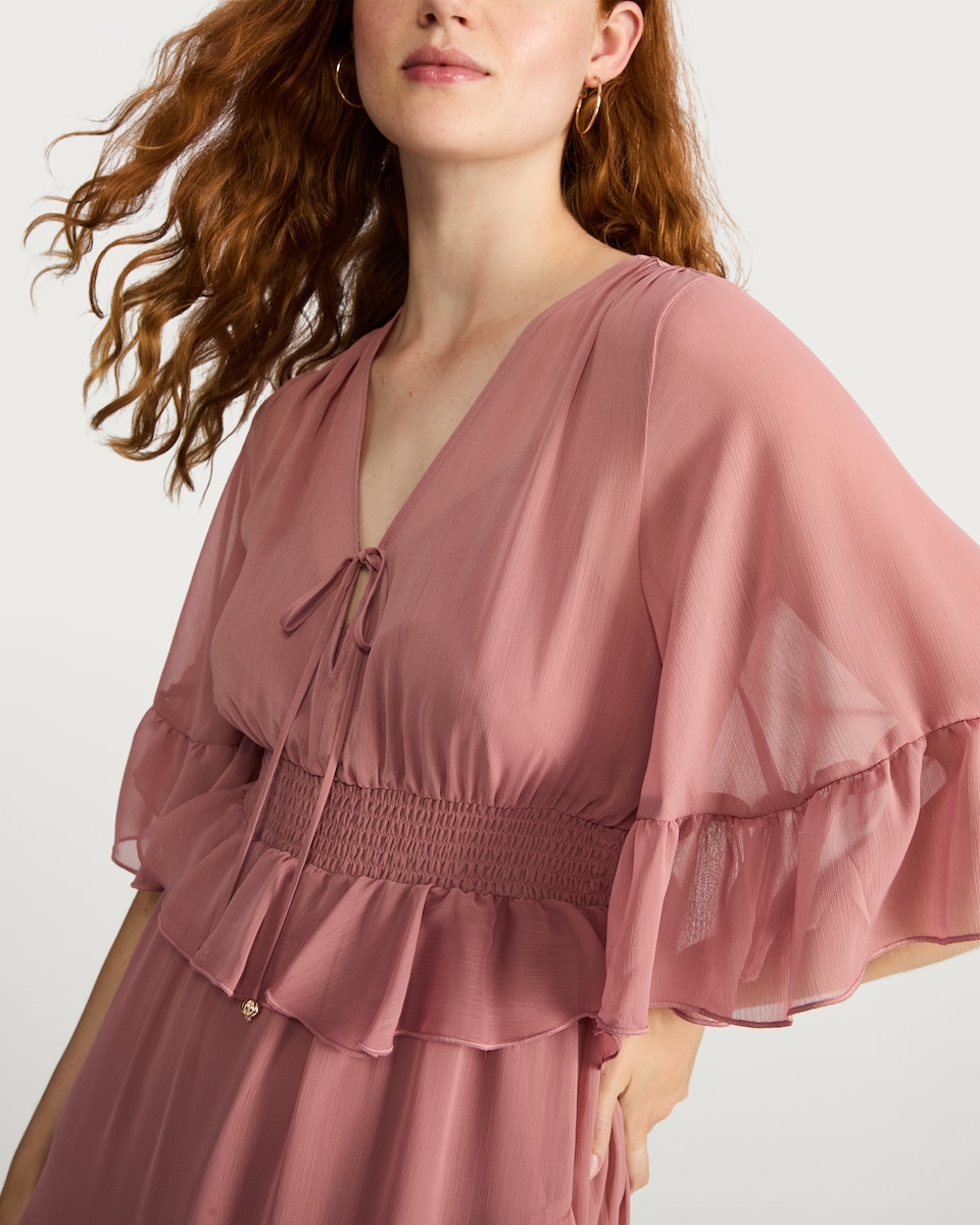 image 1 of F&F Chiffon Ruffle Boho Midi Dress in Pink
