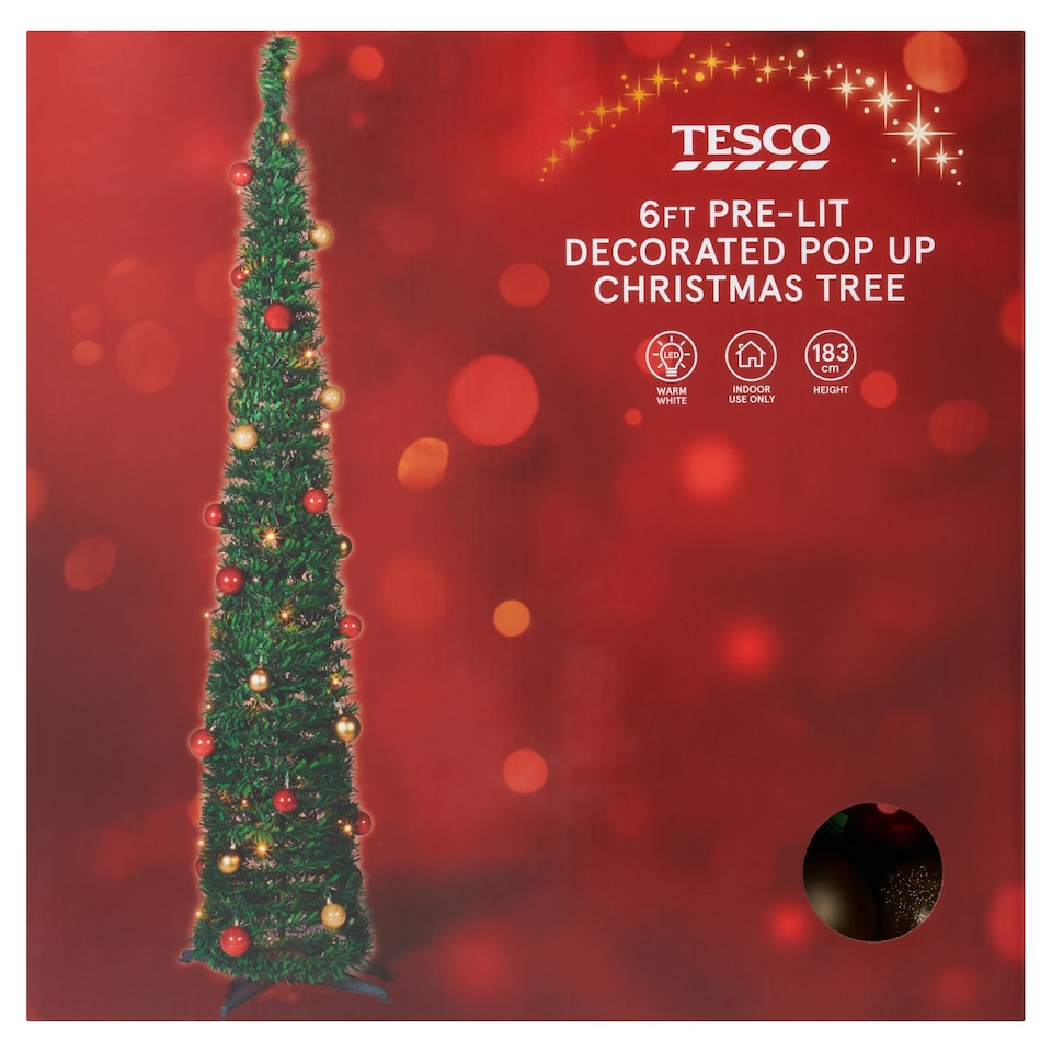 image 1 of Tesco Pre Lit Decorated Pop Up Green Christmas Tree 6ft