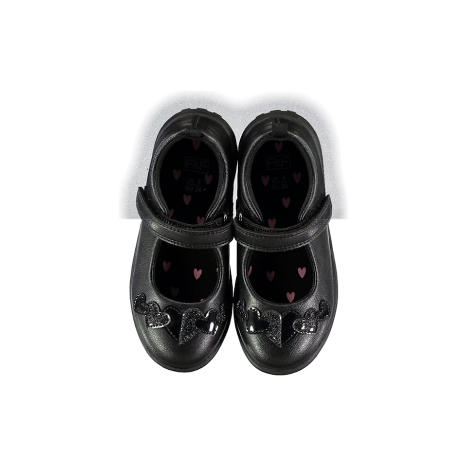 F&F School Girls Heart Detail Mary Jane Shoes in Black