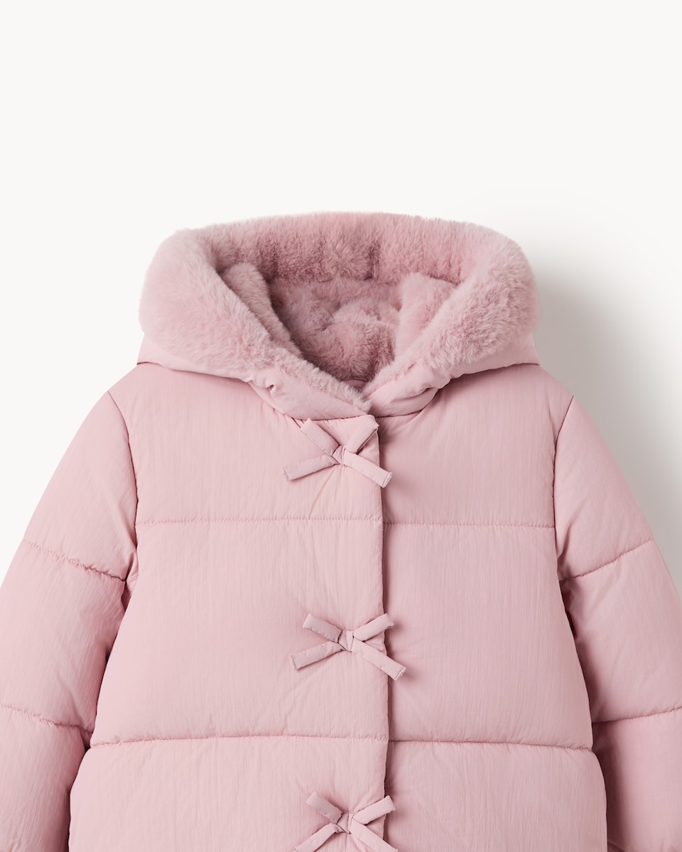 image 1 of F&F Girls Faux Fur Hood Puffer Coat in Pink