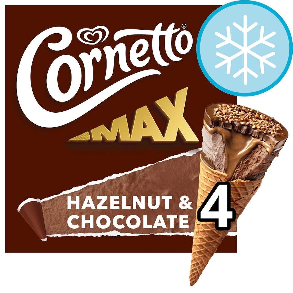 image 1 of Cornetto MAX Hazelnut & Chocolate Ice Cream Cones 4 x 90ml