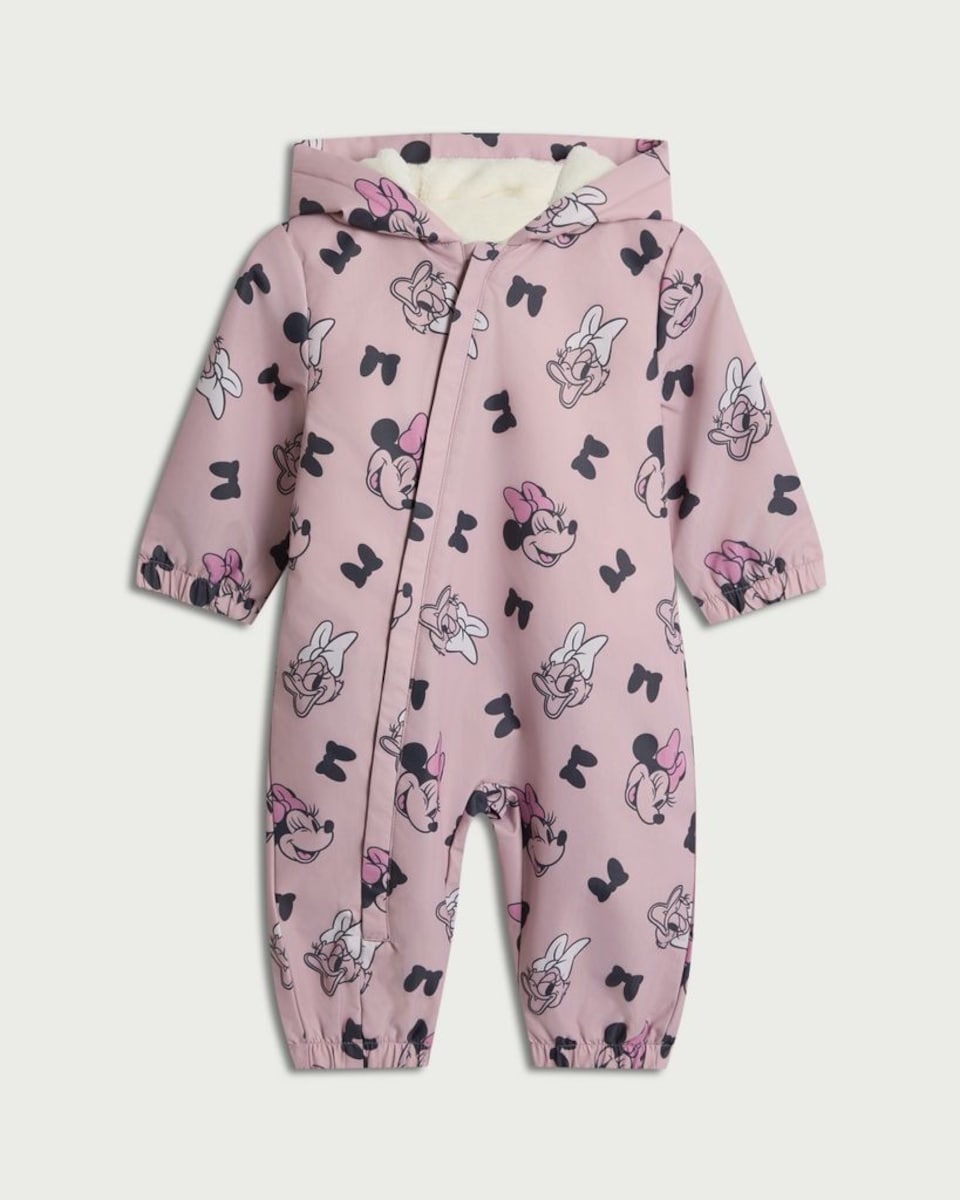 image 1 of Disney Minnie Mouse Print Puddlesuit in Lilac
