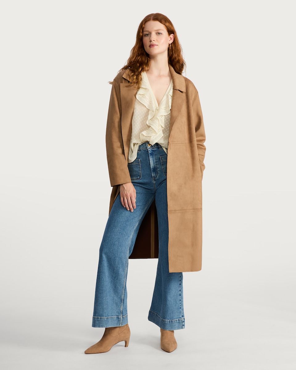 image 1 of F&F Faux Suede Trench Coat in Brown
