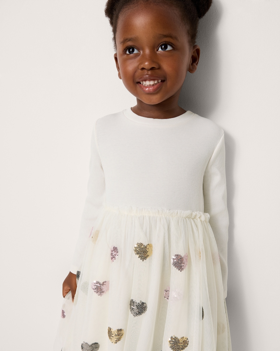 image 1 of F&F Girls Heart Sequin Embellished Dress in Cream