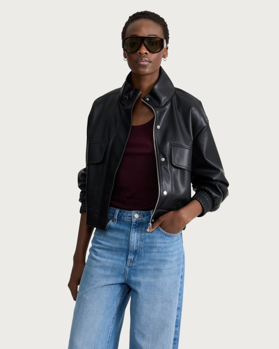 image 1 of F&F Faux Leather Funnel Neck Jacket in Black