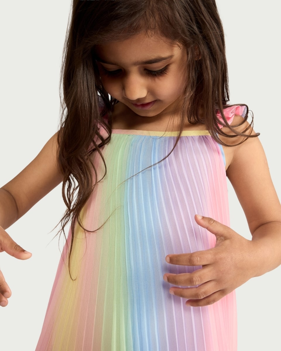 image 1 of F&F Girls Pleated Rainbow Dress in Multi