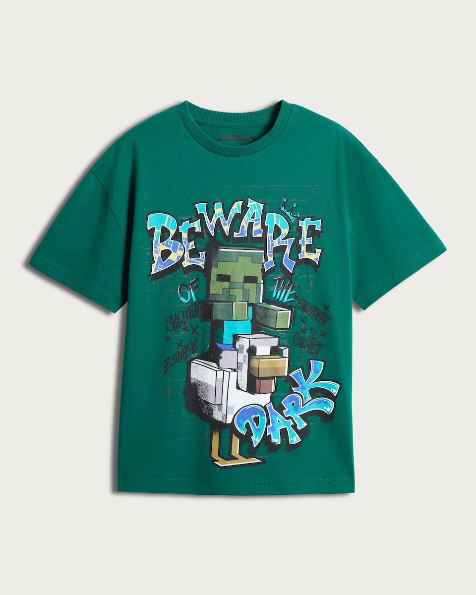 image 1 of Minecraft Beware of the Dark Pure Cotton T-Shirt in Green